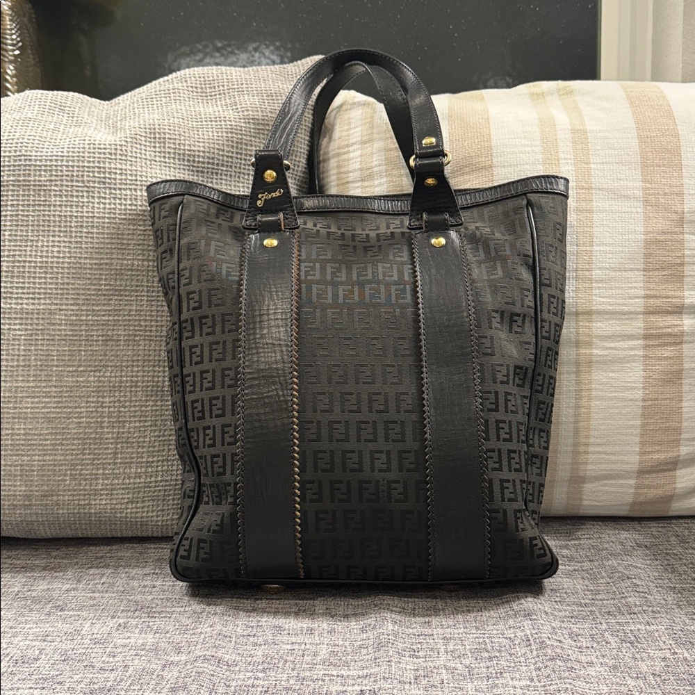 Fendi Tote with FF Logos Surround and Black Leather Straps